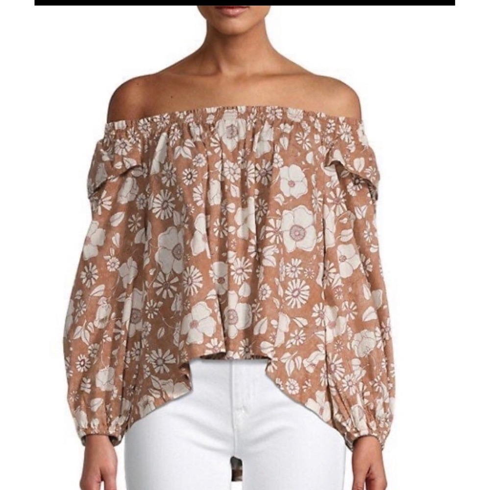 Free People Brown Floral Off The Shoulder Smocked Balloon Sleeve Blouse Large